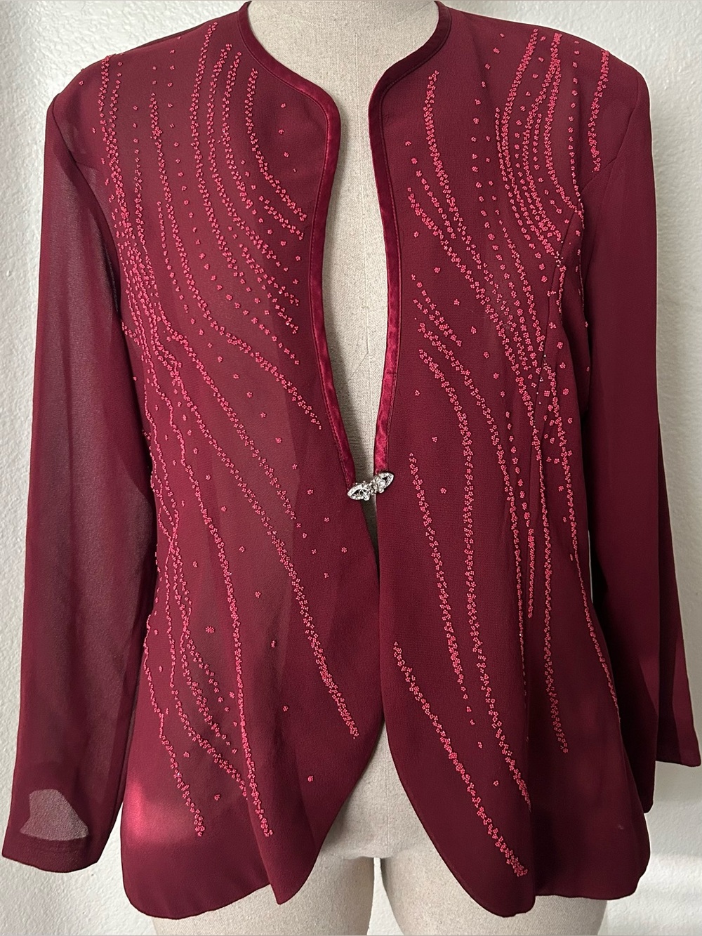 Embellished Burgundy Open-Front Women's Cardigan